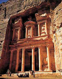 A structure carved into the canyon walls of Petra